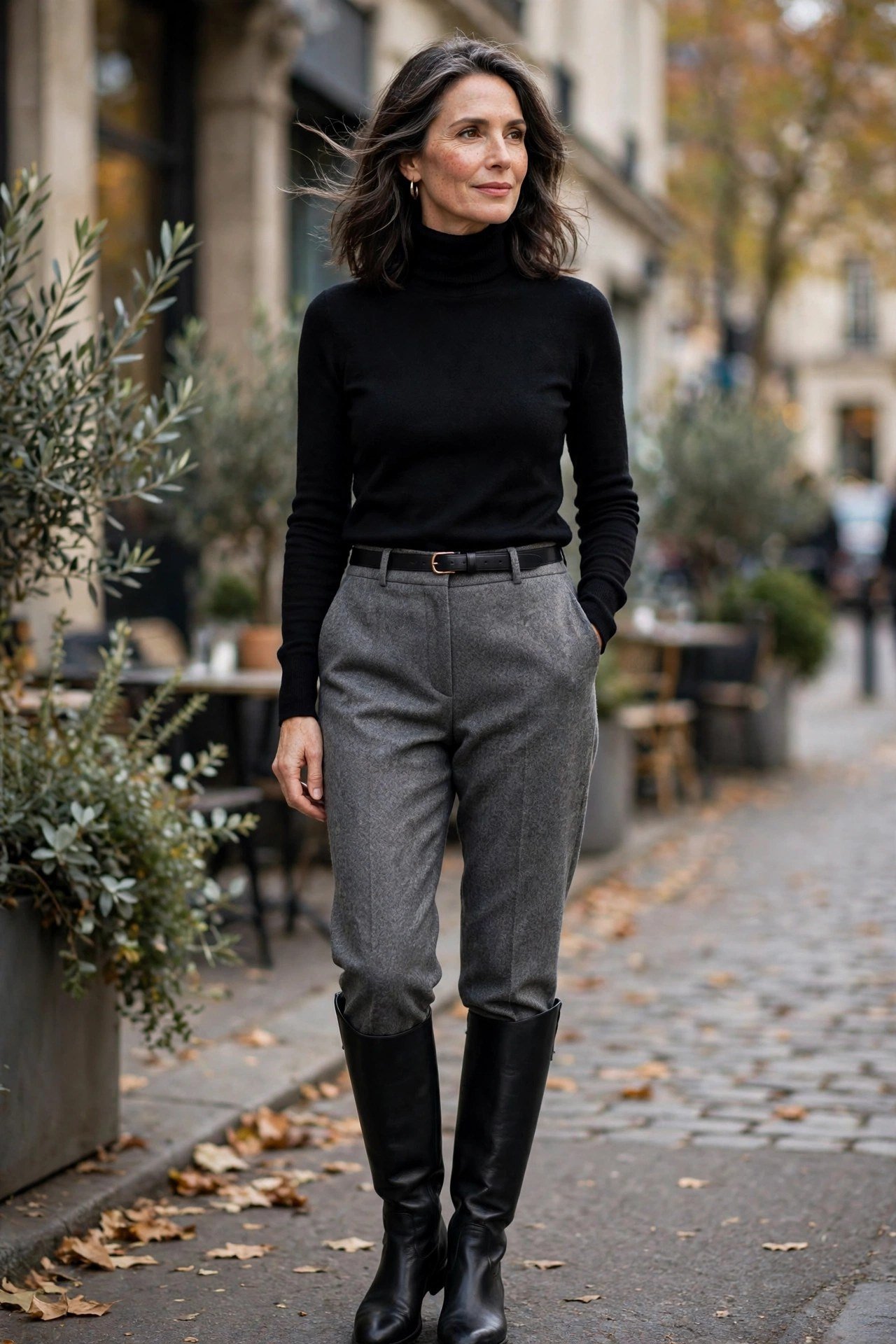 Woman in black trench coat with wool trousers and knee boots