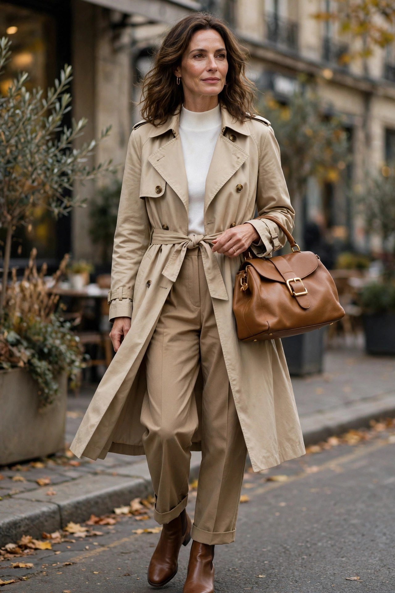 Woman in black trench coat with statement leather handbag