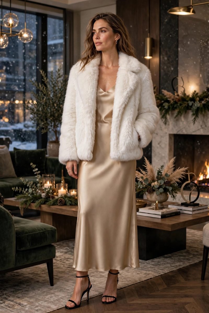 Woman in a white faux-fur jacket over a champagne slip dress