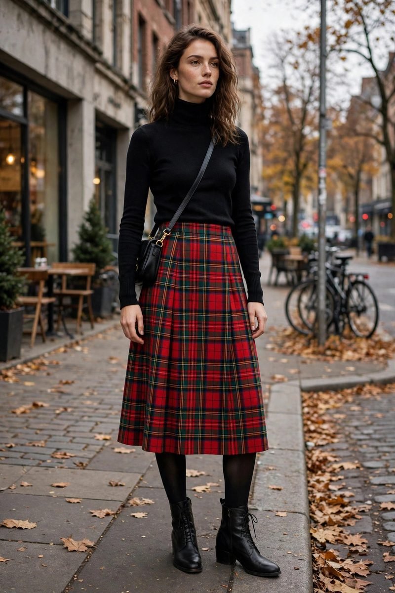 Woman in a red tartan plaid skirt with a black turtleneck