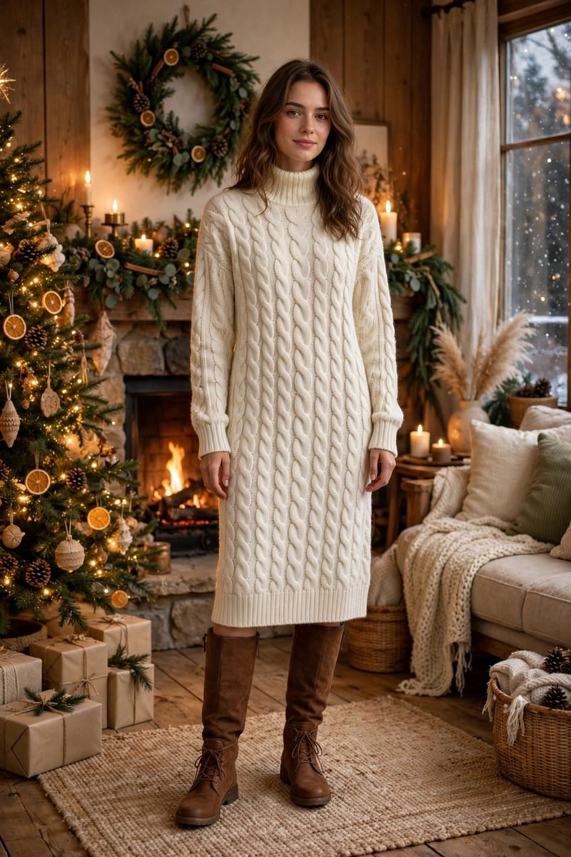 Woman in a cream cable-knit sweater dress with brown boots