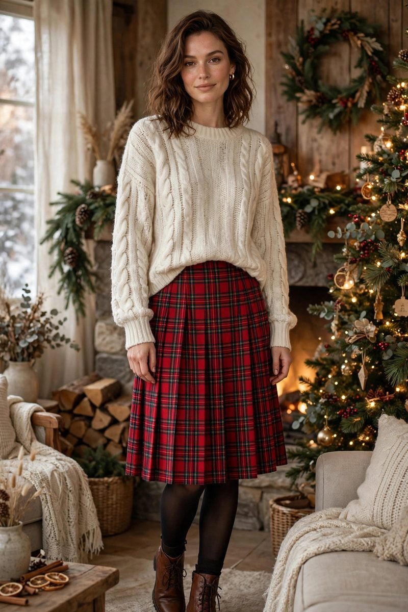 Woman in an ivory sweater with a red plaid skirt
