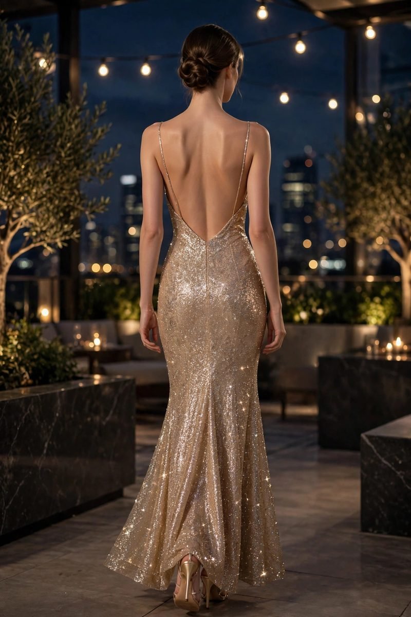 Woman in a champagne glitter dress with a low back