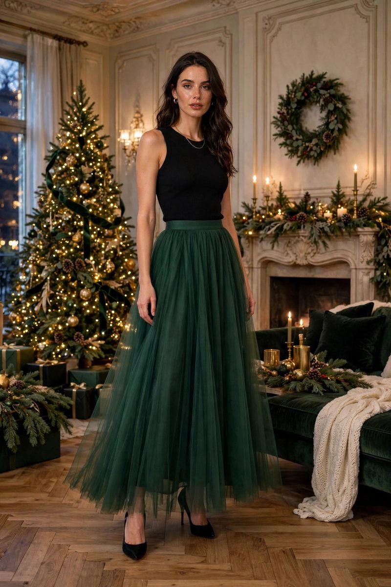 Woman in a forest green tulle skirt with a fitted black top