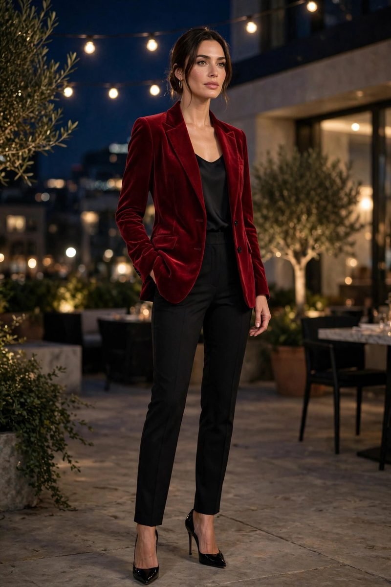 Woman in a cranberry velvet blazer with black trousers