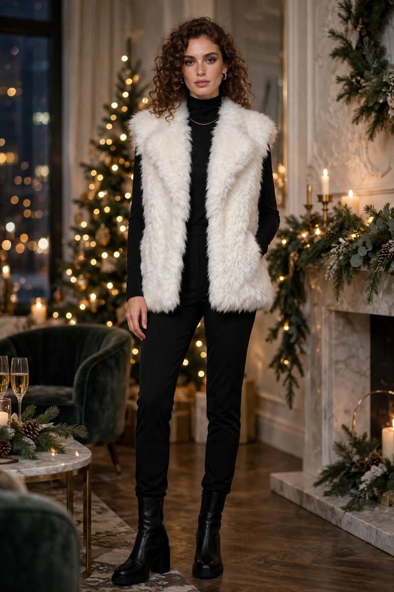 Woman in a snow-white faux-fur vest over an all-black outfit