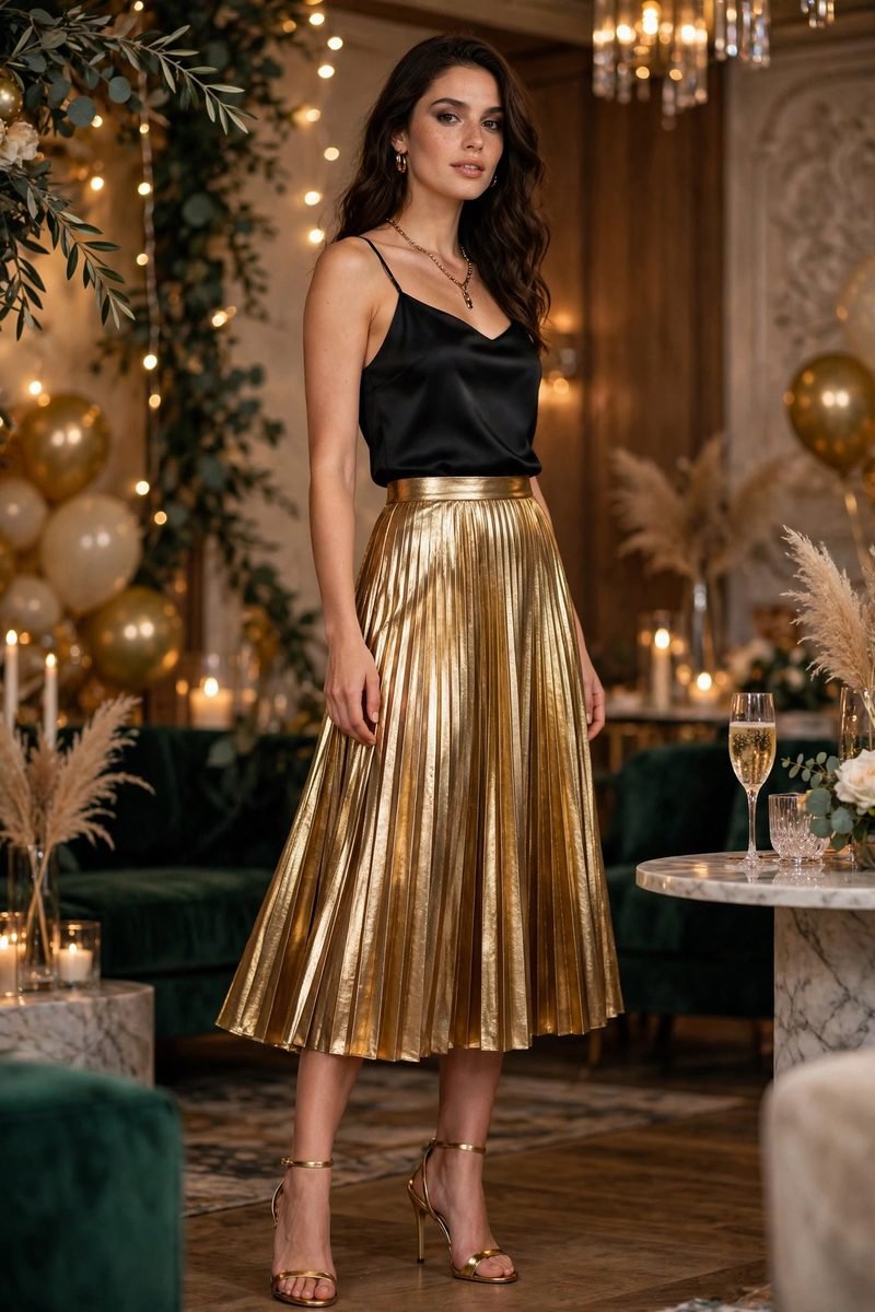 Woman in a metallic gold pleated midi skirt with a black top