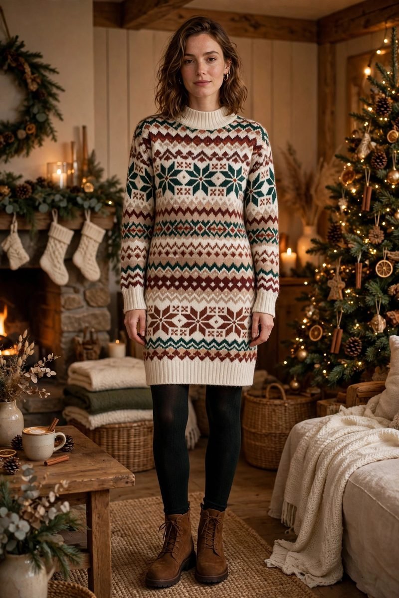 Woman in a cozy Fair Isle sweater dress with tights and boots