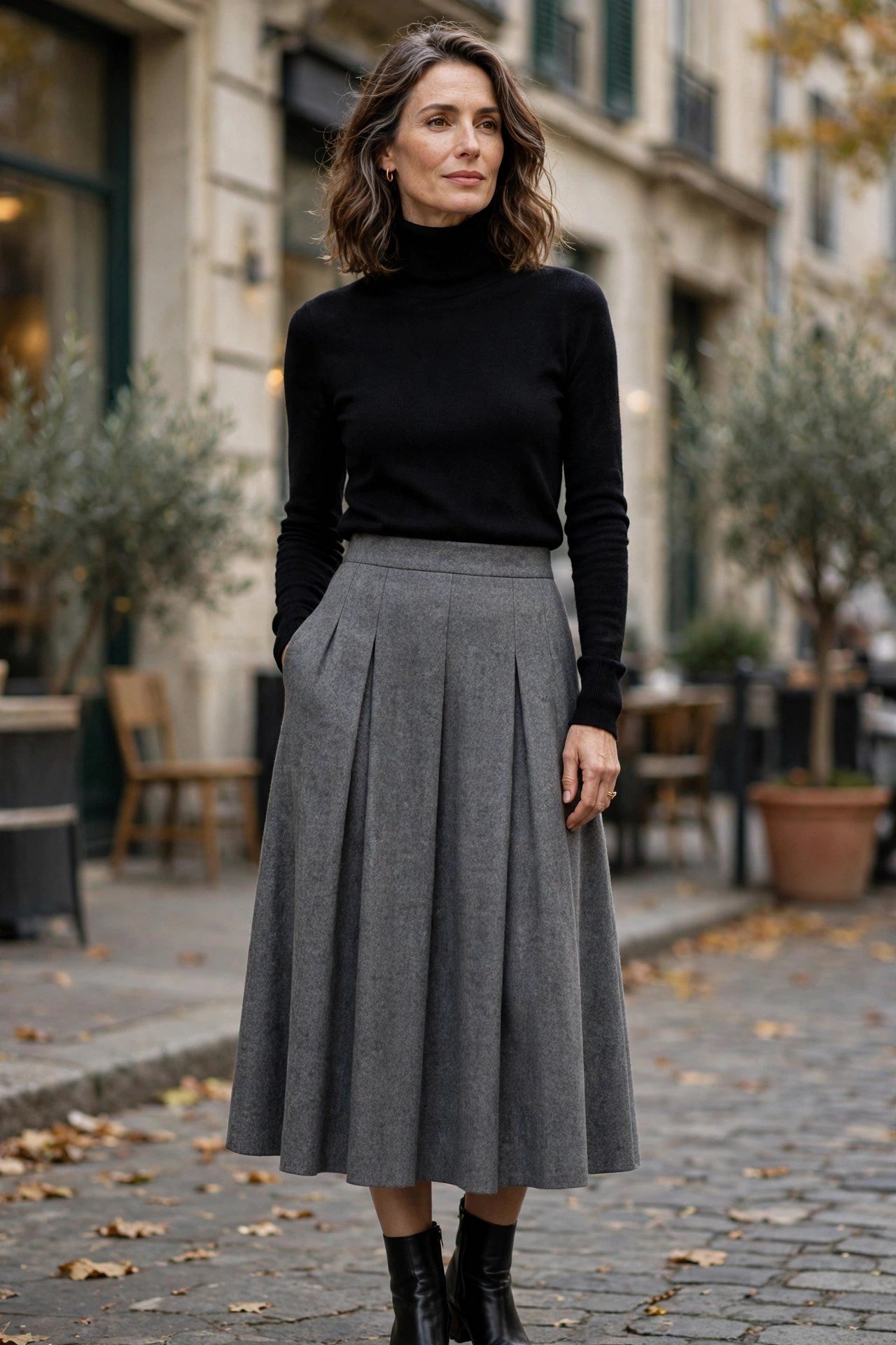 Wool midi skirt with turtleneck winter outfit