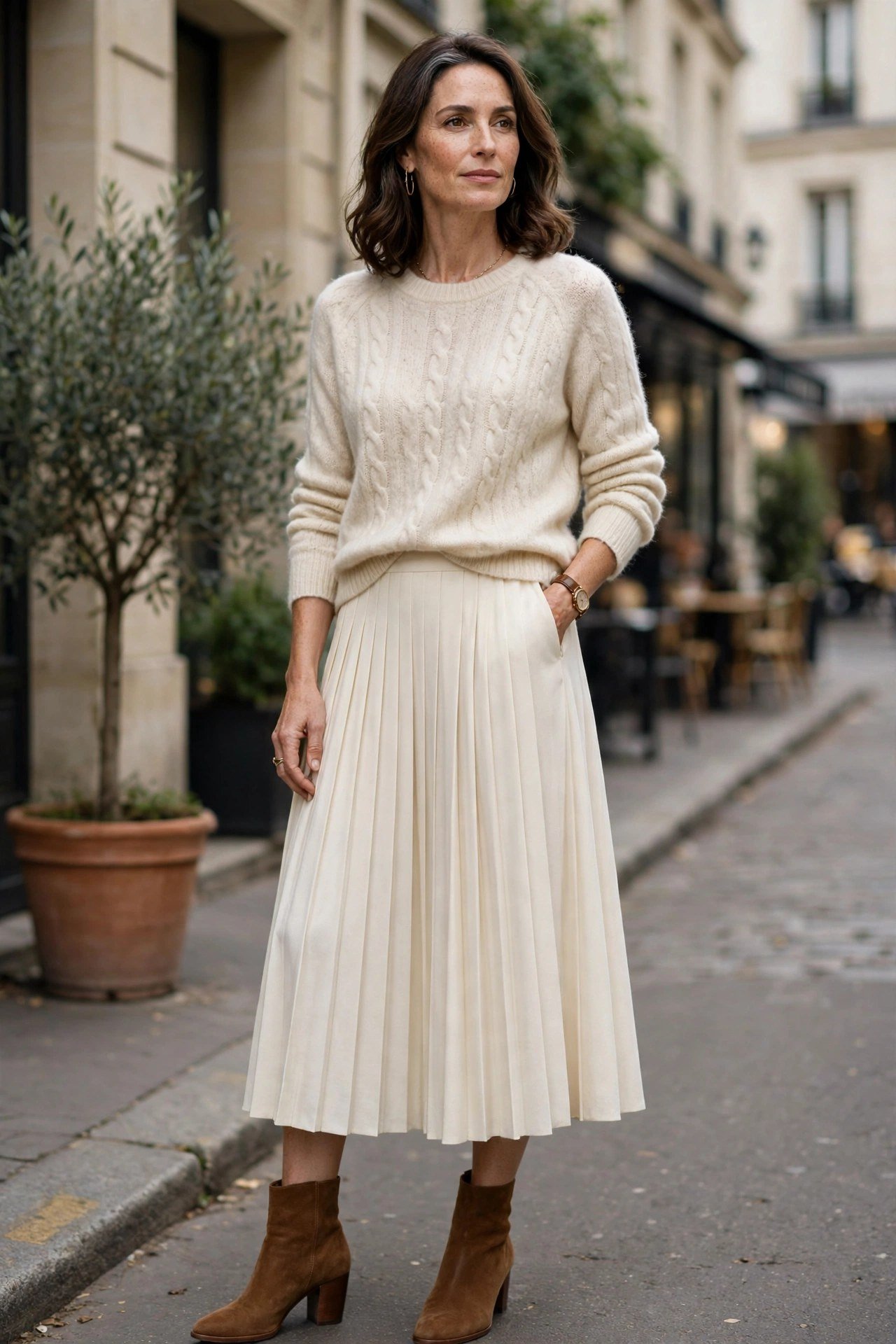 Pleated midi skirt with cashmere sweater