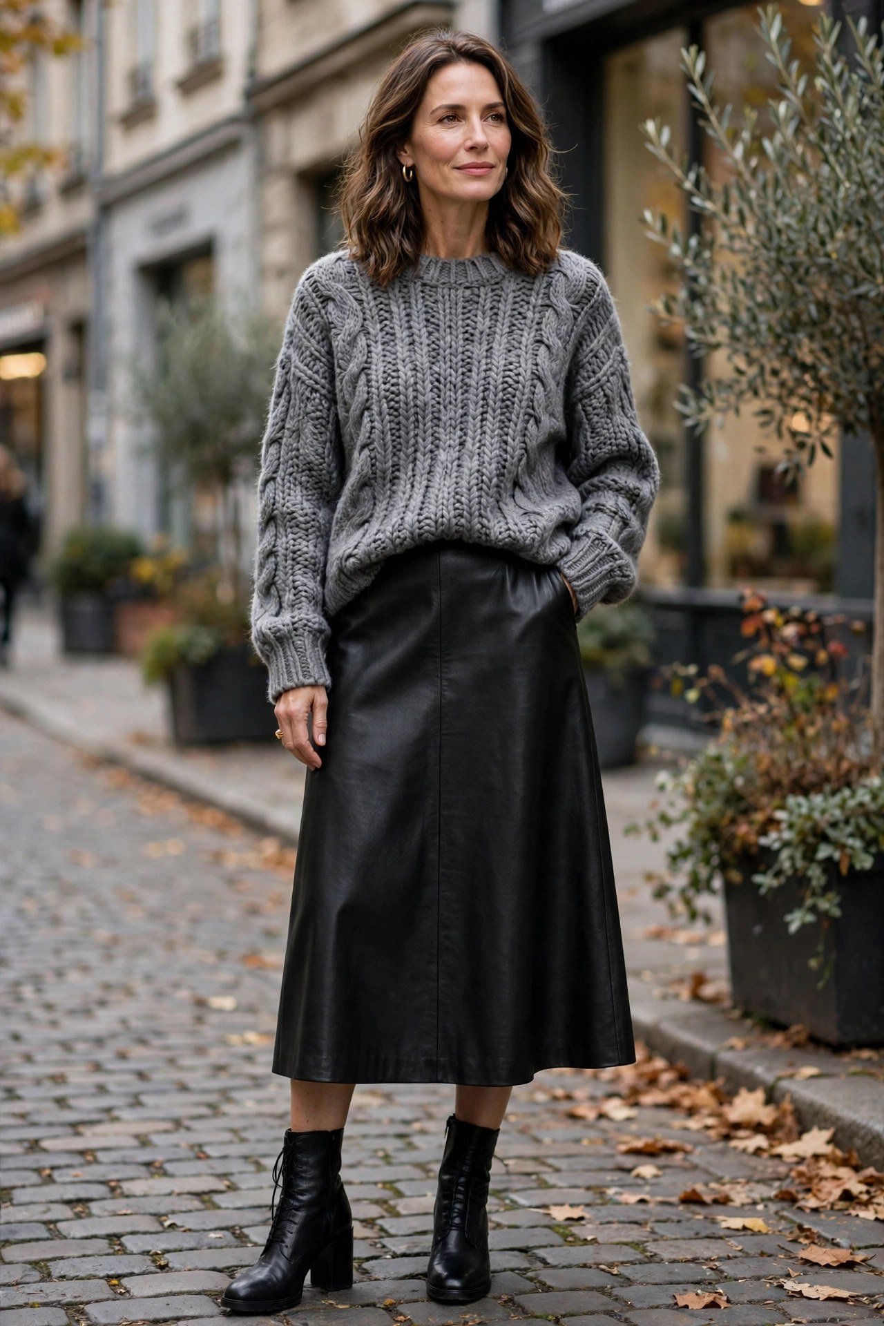 Faux leather midi skirt with chunky knit sweater and boots