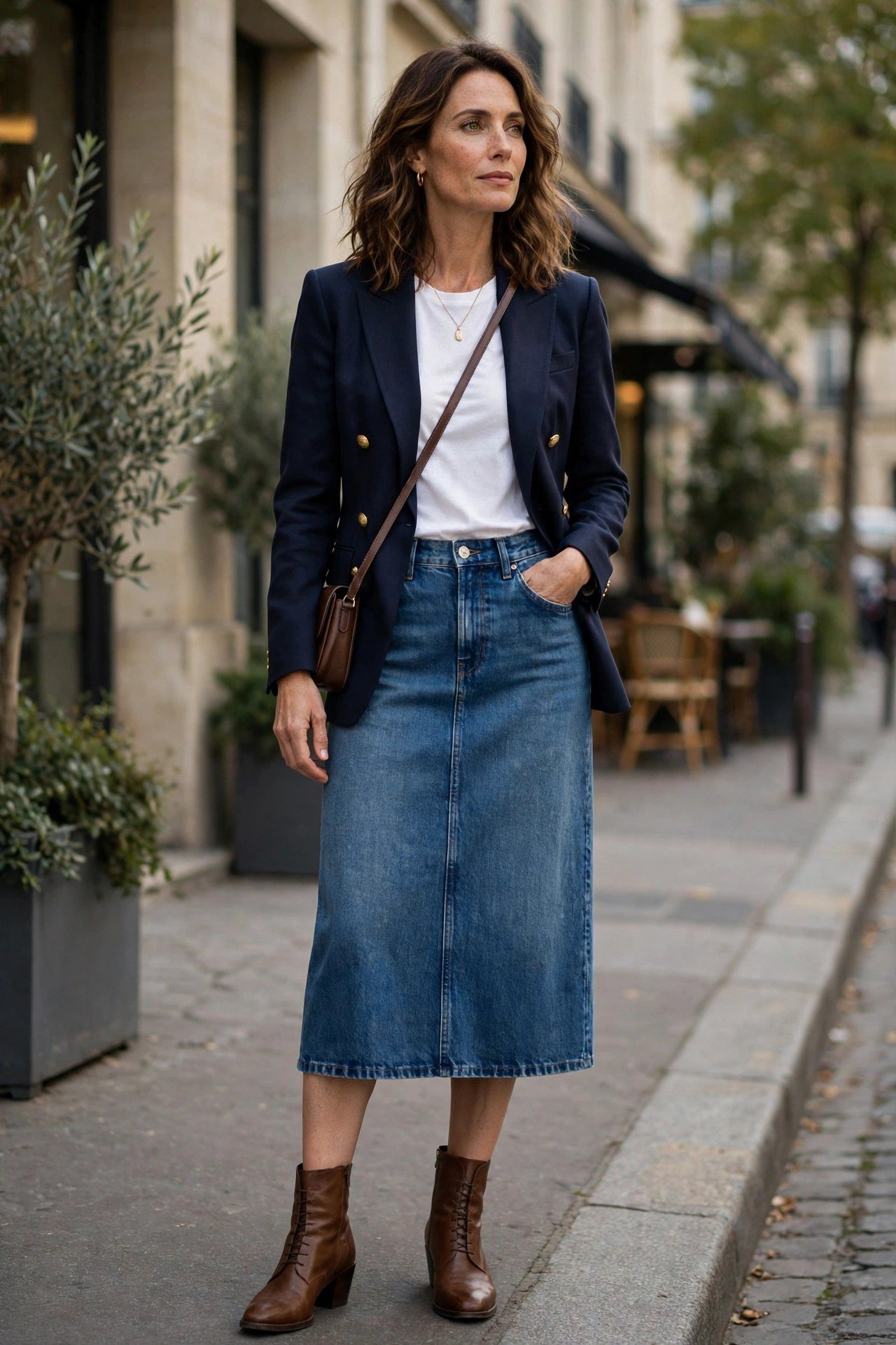 Denim midi skirt with blazer winter outfit