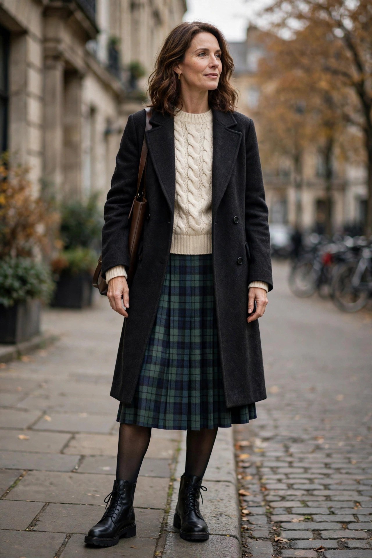 Plaid skirt with white cable knit sweater