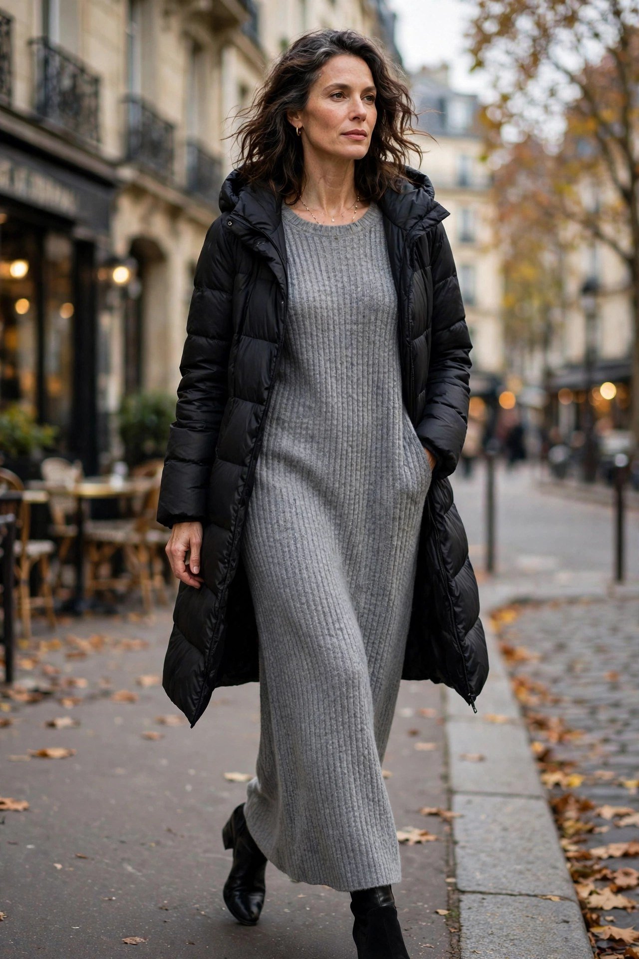Knit maxi skirt with puffer coat winter outfit