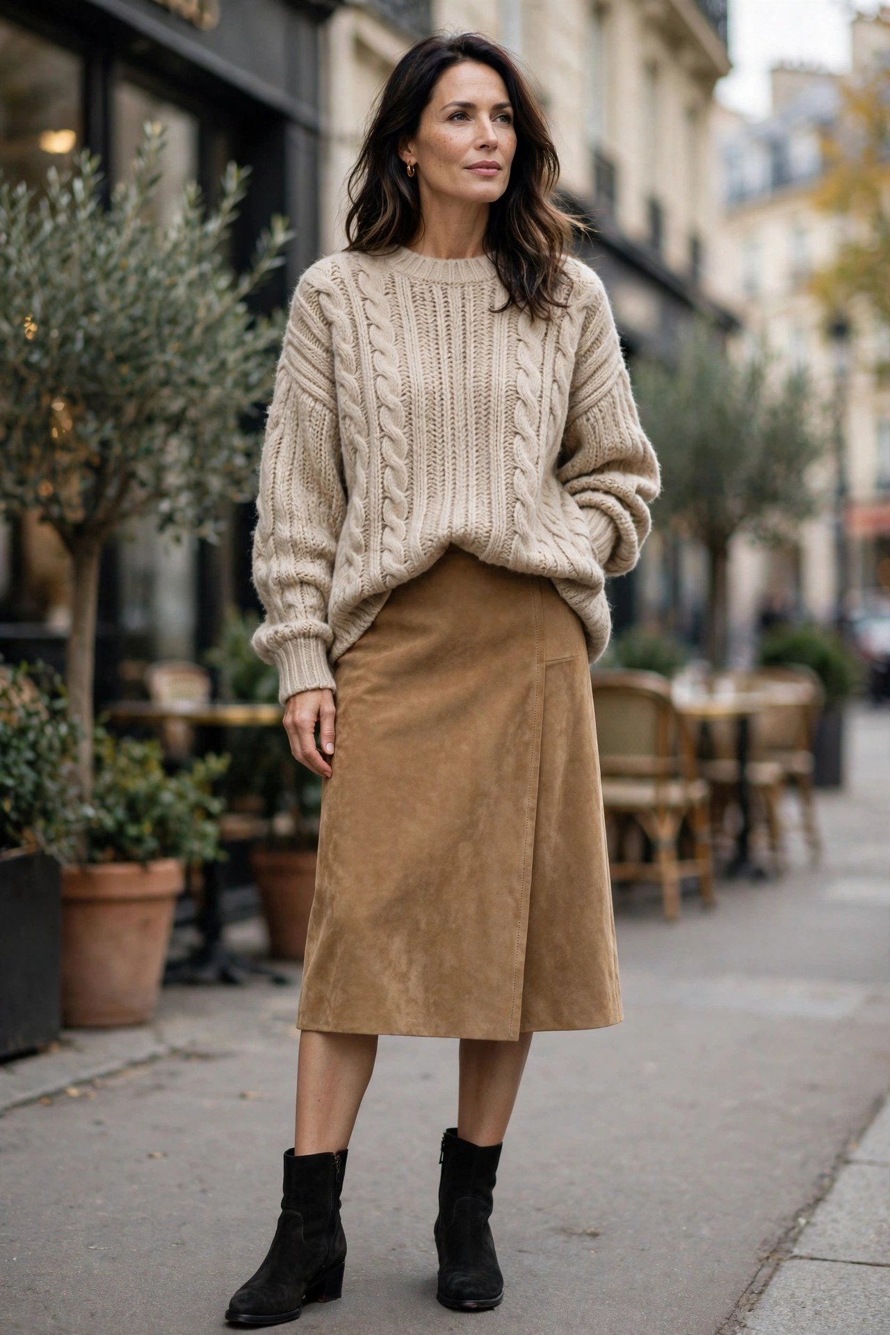 Suede skirt with oversized sweater