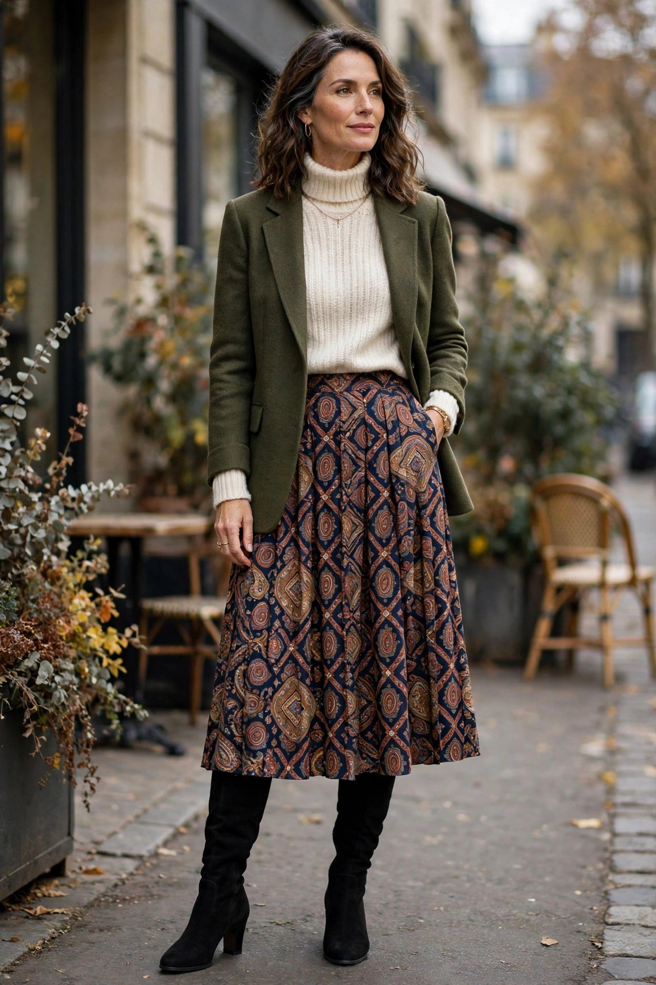 Midi skirt with over-the-knee boots