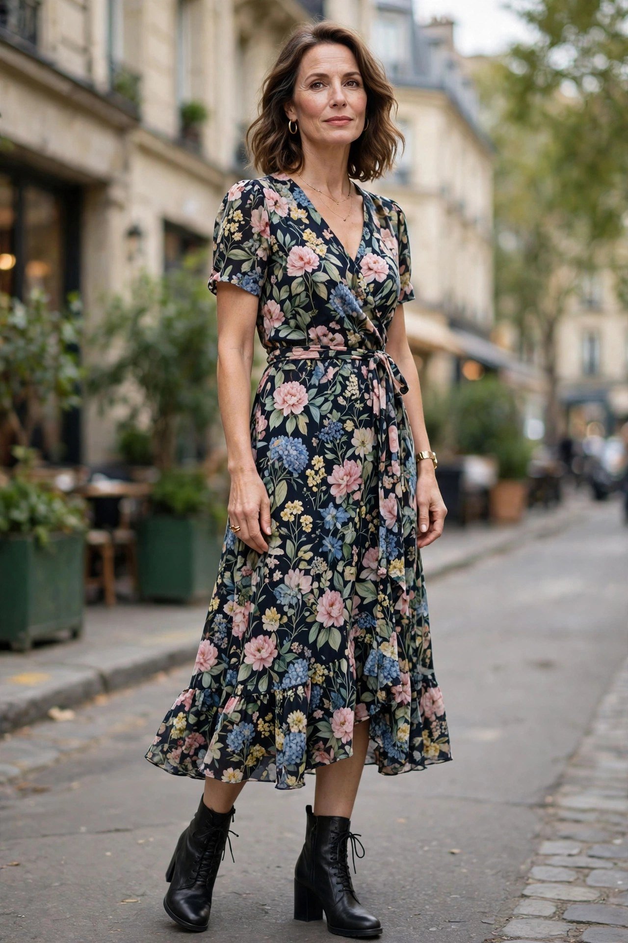 Floral midi skirt with dark ankle boots