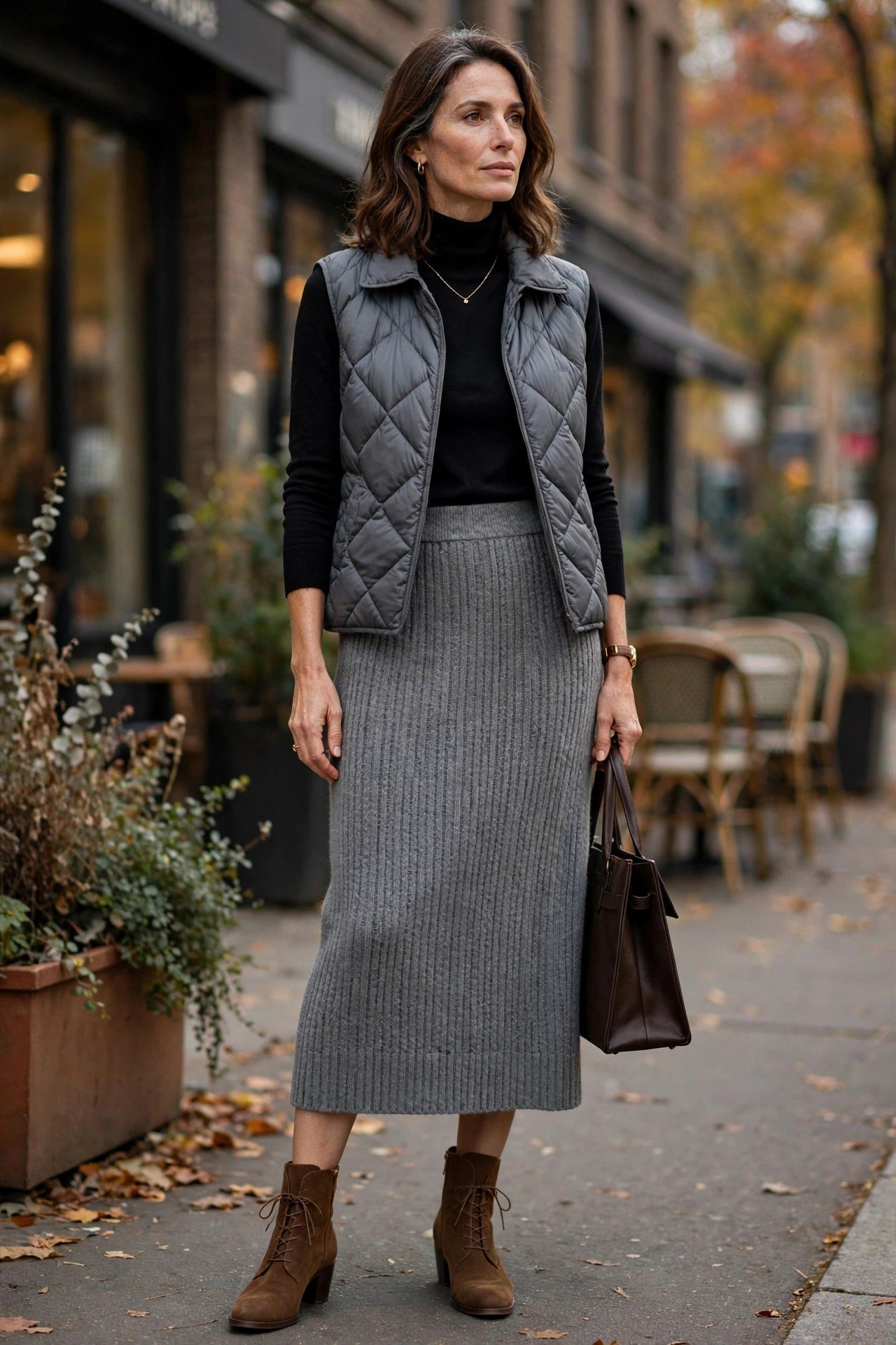Knit midi skirt with puffer vest