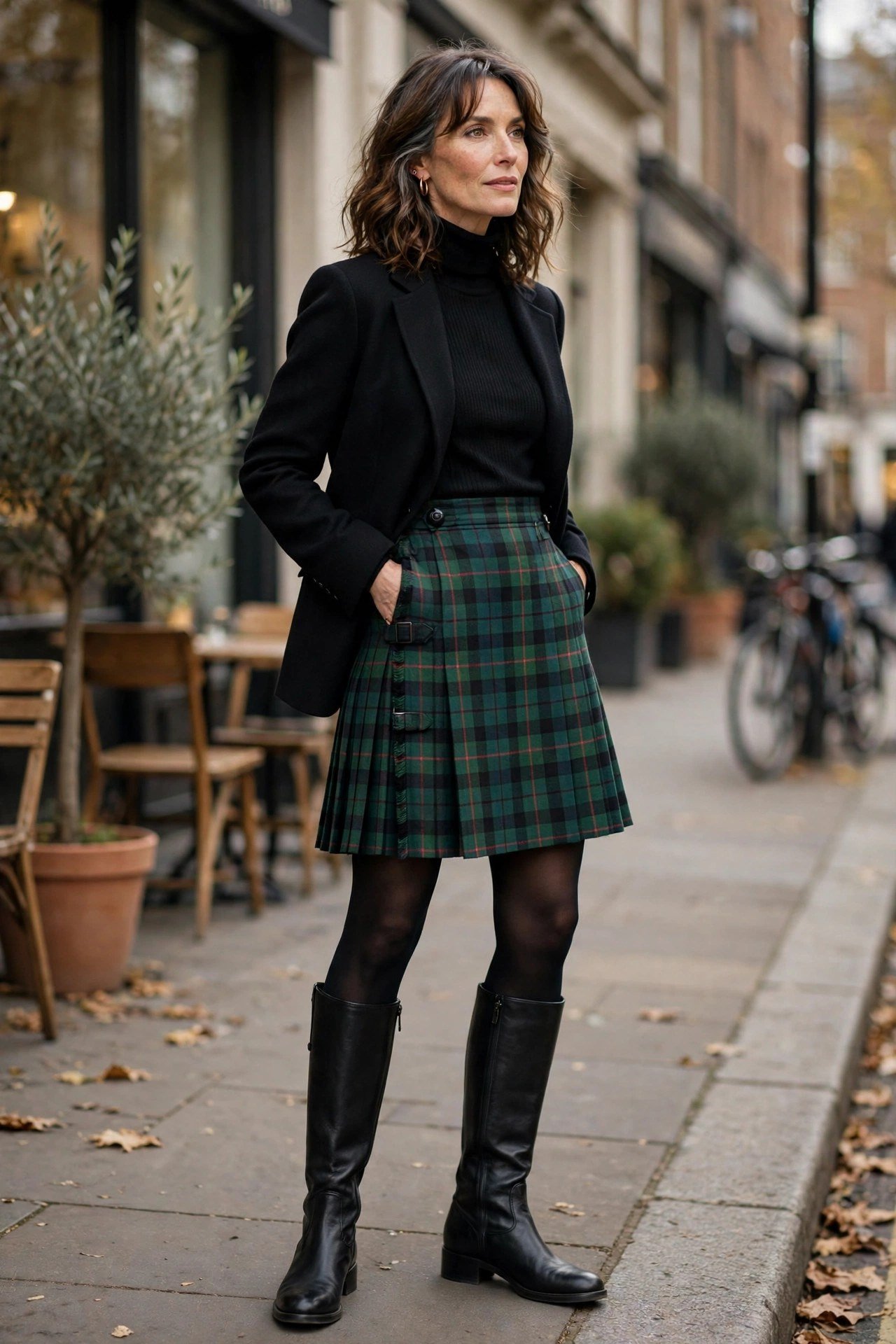 Plaid mini skirt with tights and knee boots
