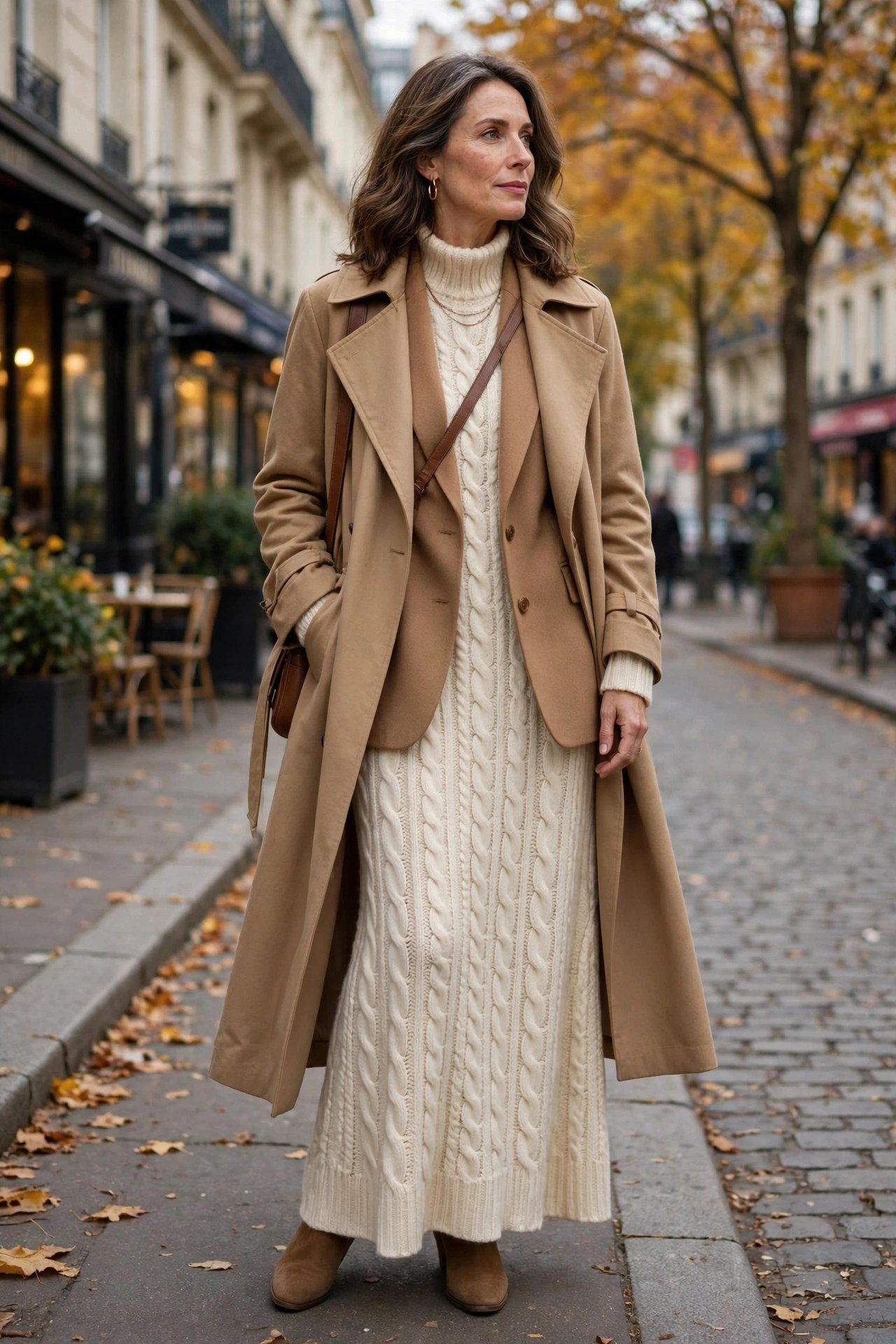 Cream knit maxi skirt with camel coat layers