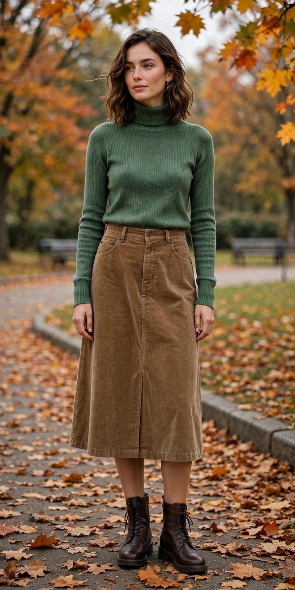 Woman in a green turtleneck with a corduroy skirt and tights