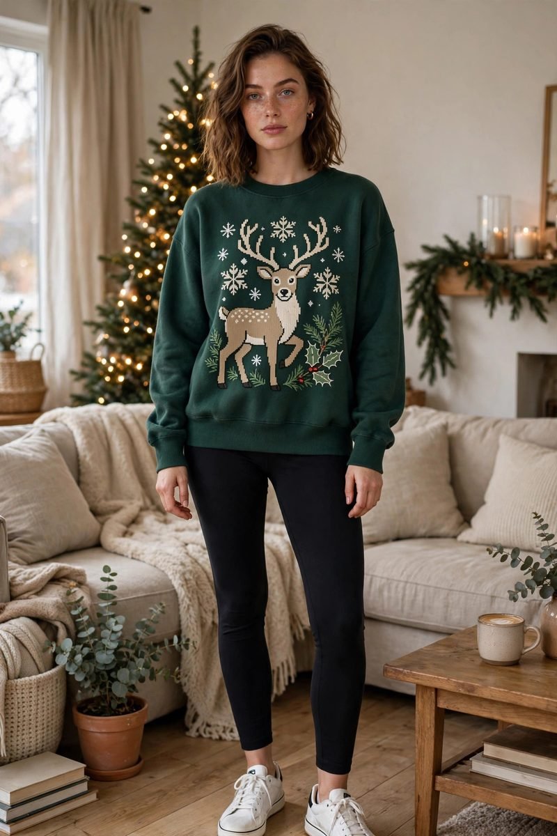 Woman in a holiday graphic sweatshirt with black leggings