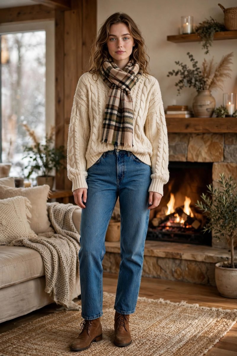 Woman in a cream cable-knit sweater with a red plaid scarf