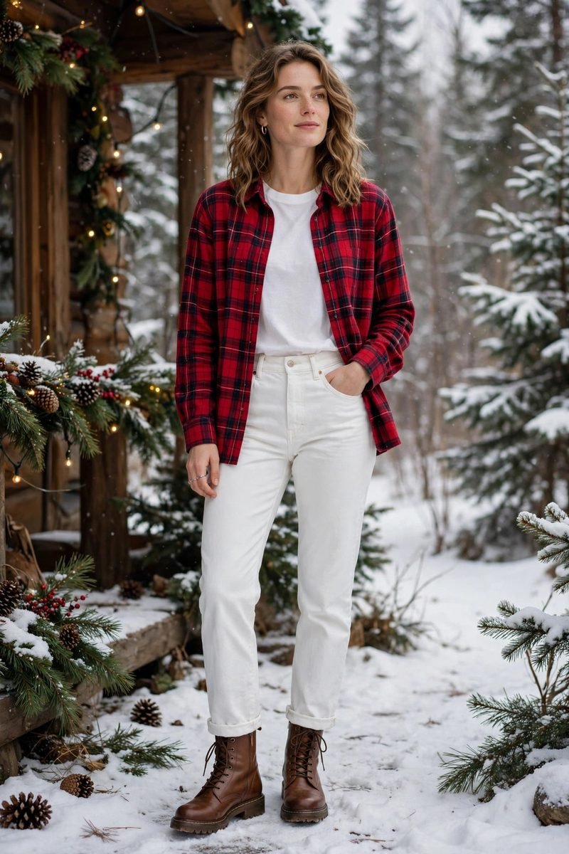 Woman in a red flannel shirt with white jeans