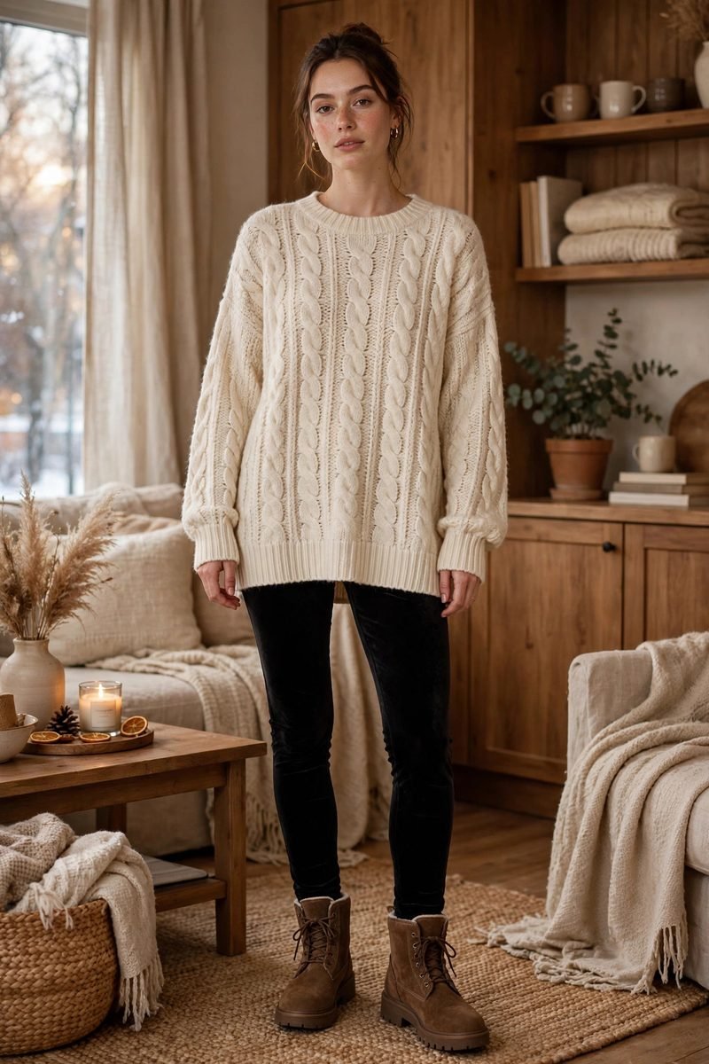 Woman in black velvet leggings with an oversized cream tunic sweater