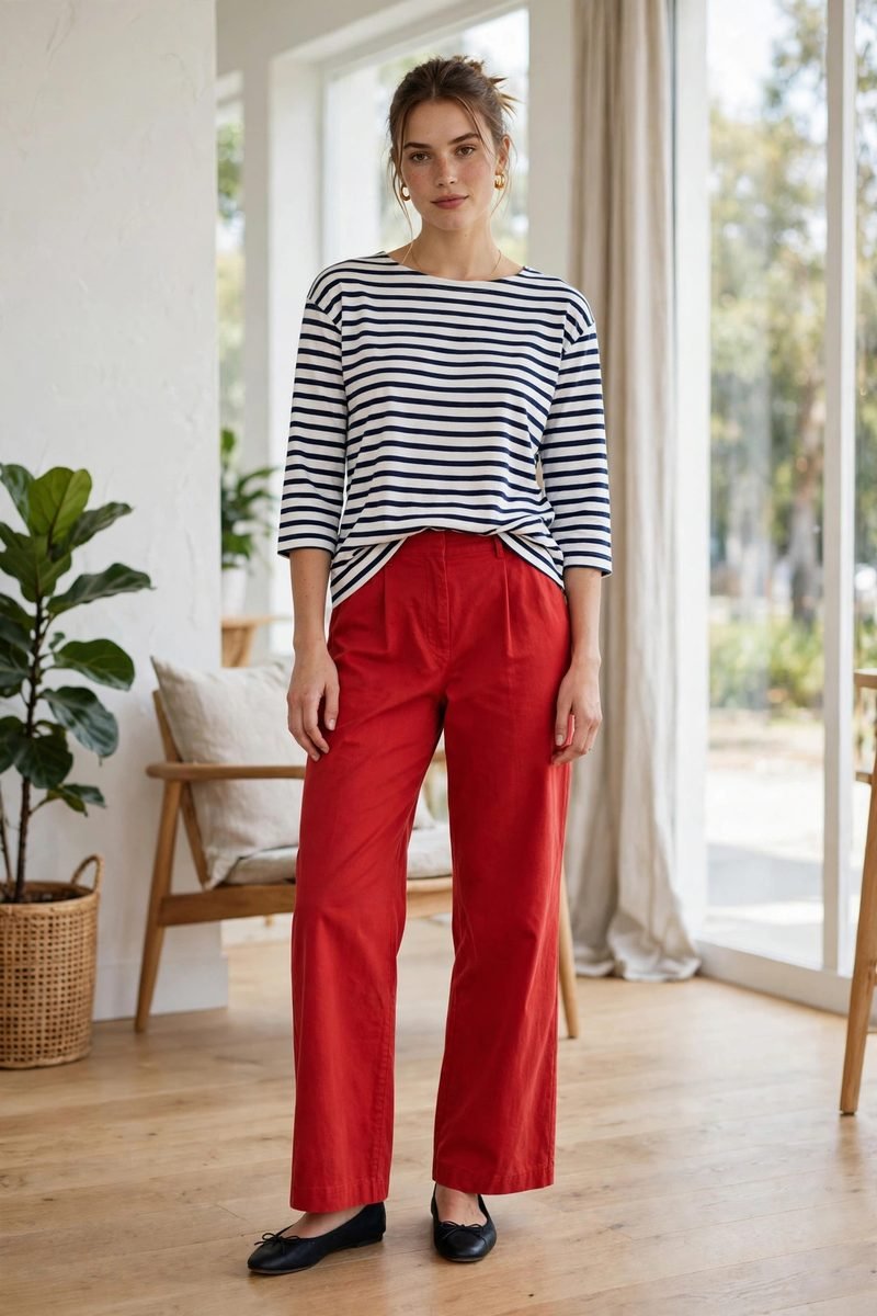 Woman in a striped Breton top with red pants