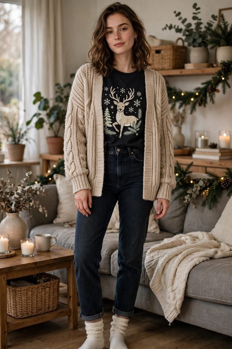 Woman in a long knit cardigan over a Christmas tee with jeans