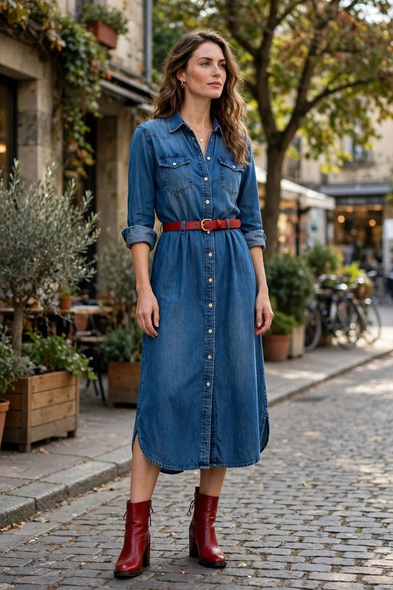 Woman in a denim shirt dress with a red belt and brown boots