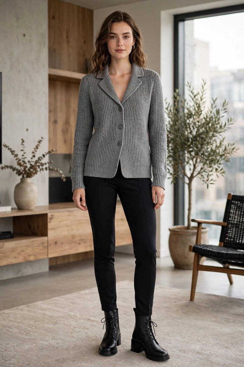 Woman in a knit sweater blazer with black ponte pants