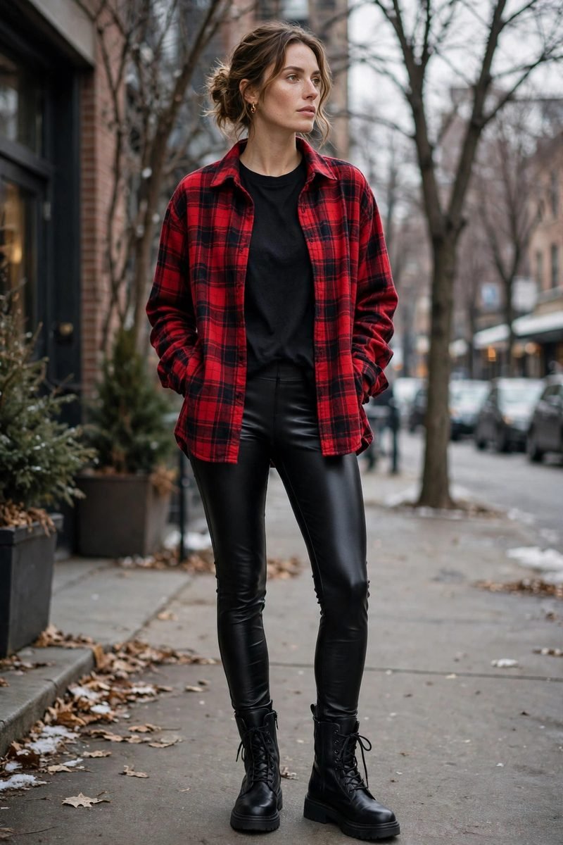 Woman in a plaid flannel shirt with black faux-leather leggings