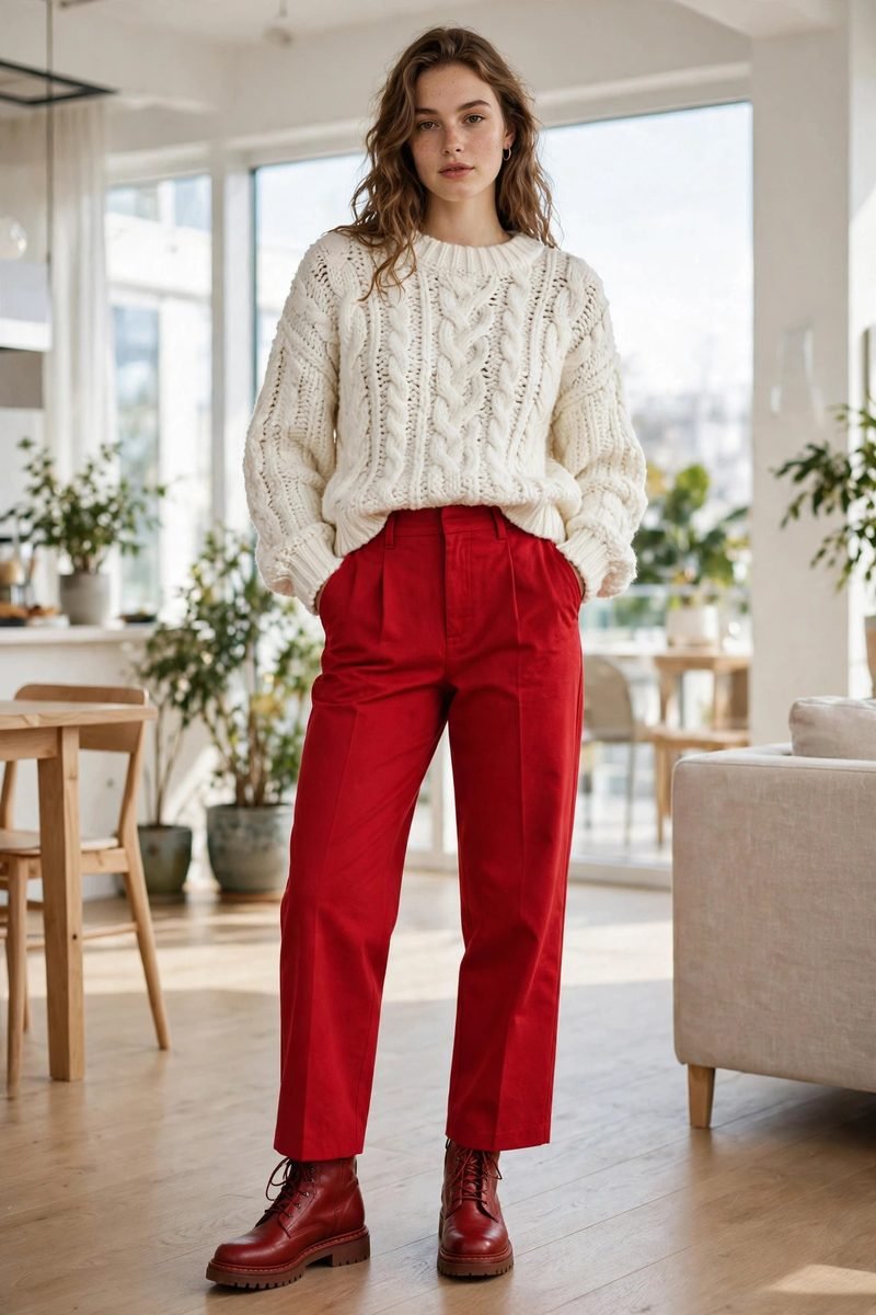 Woman in a white chunky sweater with red trousers