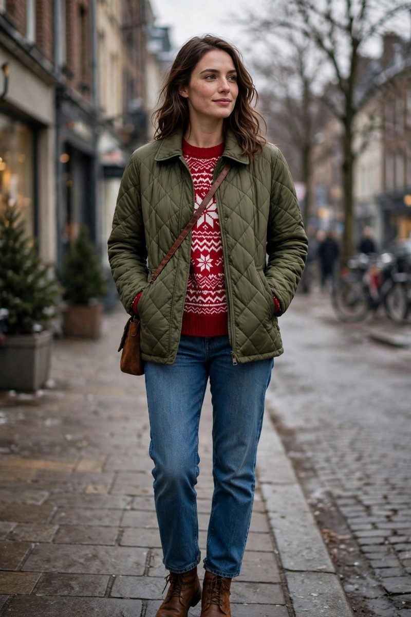Woman in a quilted jacket over a festive red sweater at an outdoor event