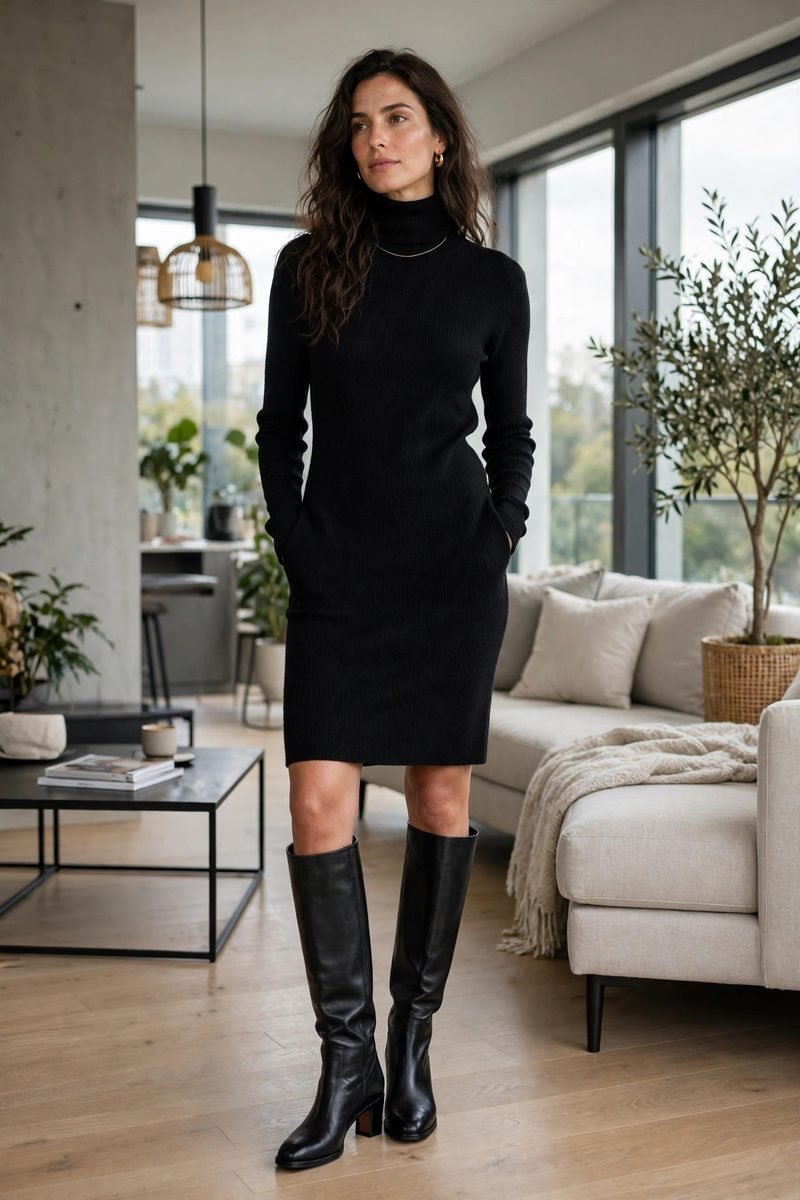 Woman in a black turtleneck sweater dress with knee-high boots