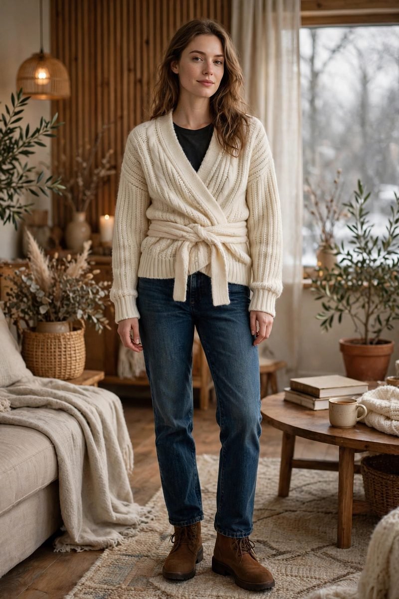 Woman in a cozy cream wrap cardigan with dark jeans