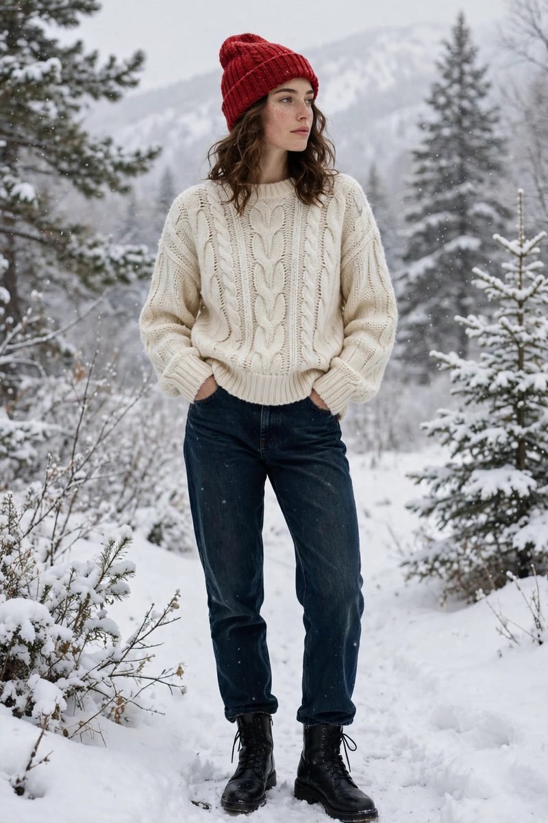 Woman in a red beanie and cream sweater at an outdoor Christmas event