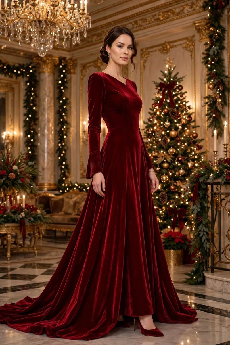 Woman in a deep red velvet gown with long sleeves