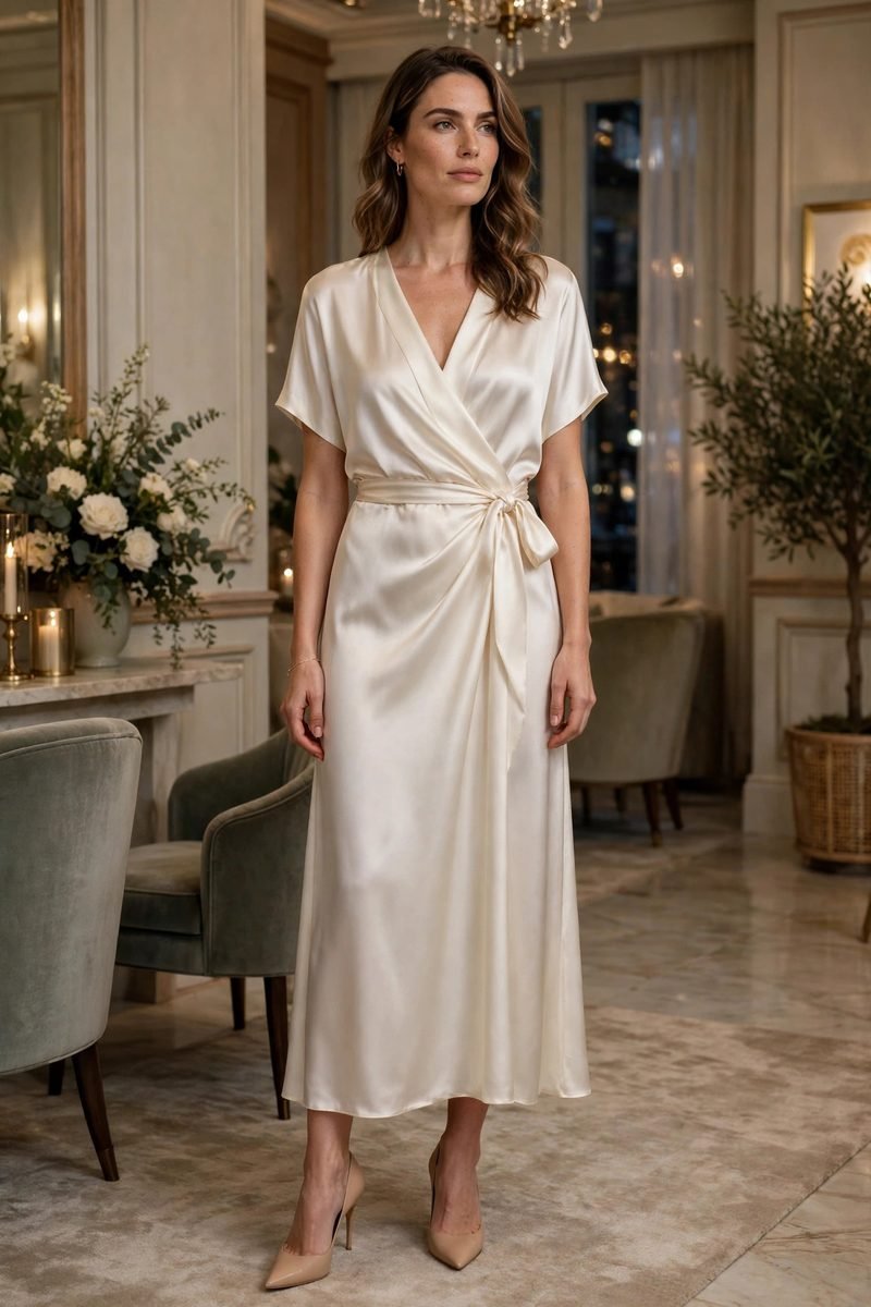 Woman in an ivory silk wrap dress with nude heels