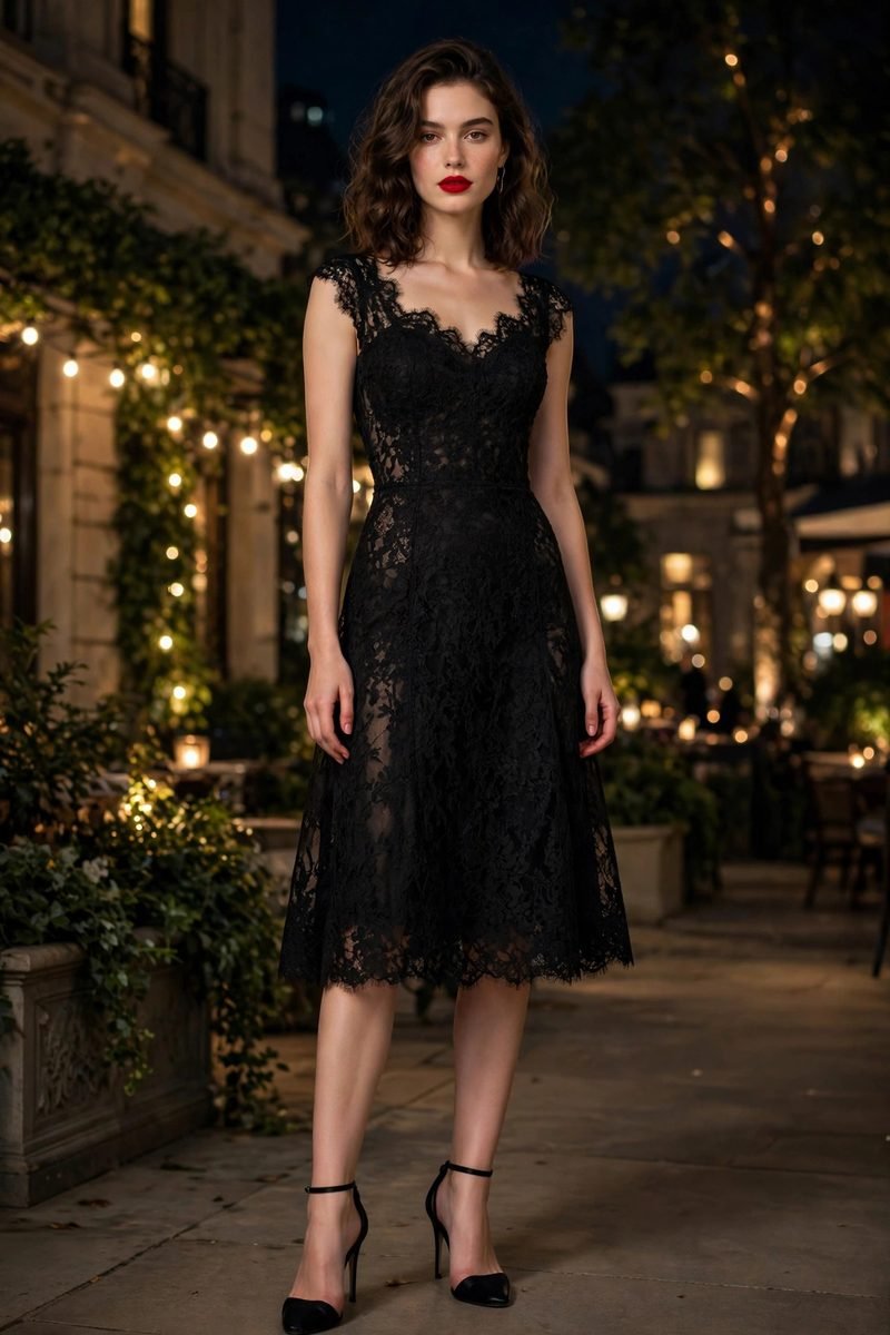 Woman in a black lace dress with a classic red lip