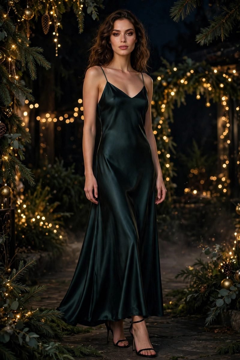 Woman in a midnight green satin slip dress