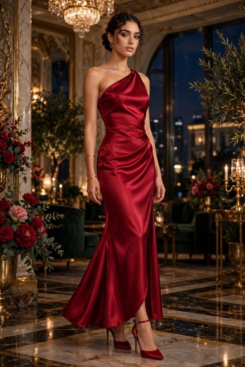 Woman in a ruby satin one-shoulder dress
