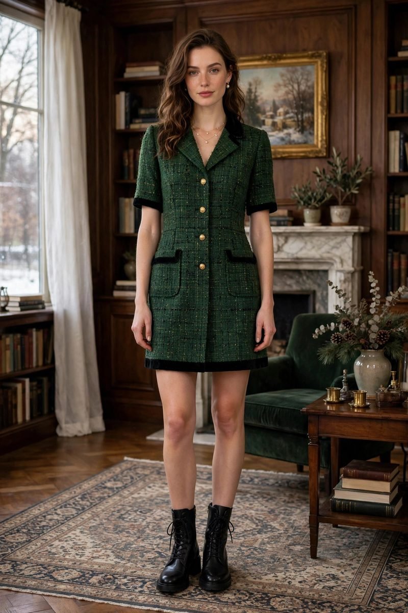 Woman in a forest green tweed dress with velvet trim