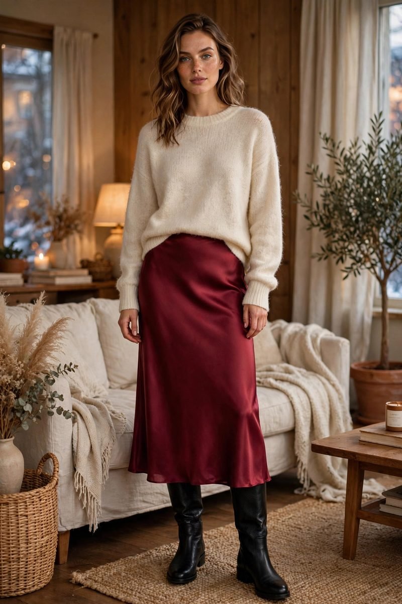 Woman in a cranberry silk slip skirt with a cream cashmere sweater