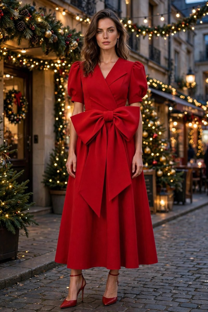 Woman in a scarlet crepe dress with a bow detail