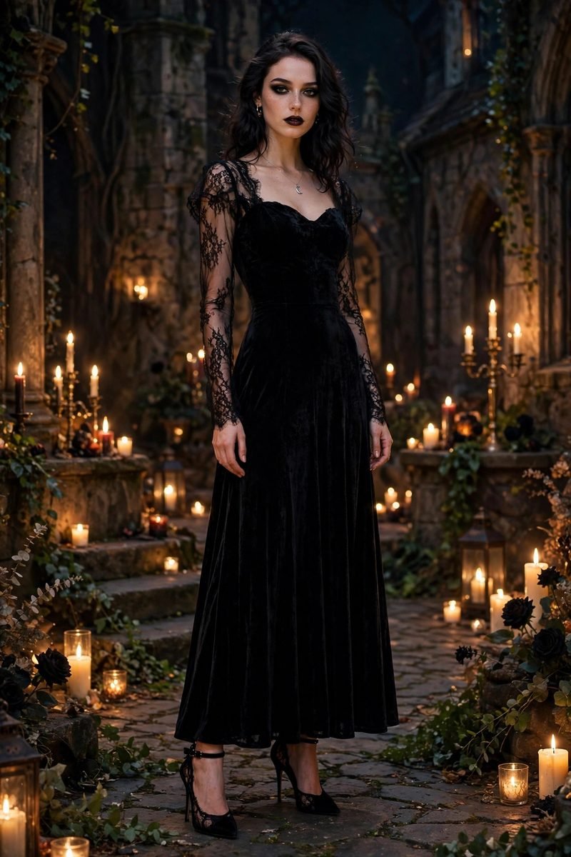 Woman in a black velvet and lace dress with a red lip
