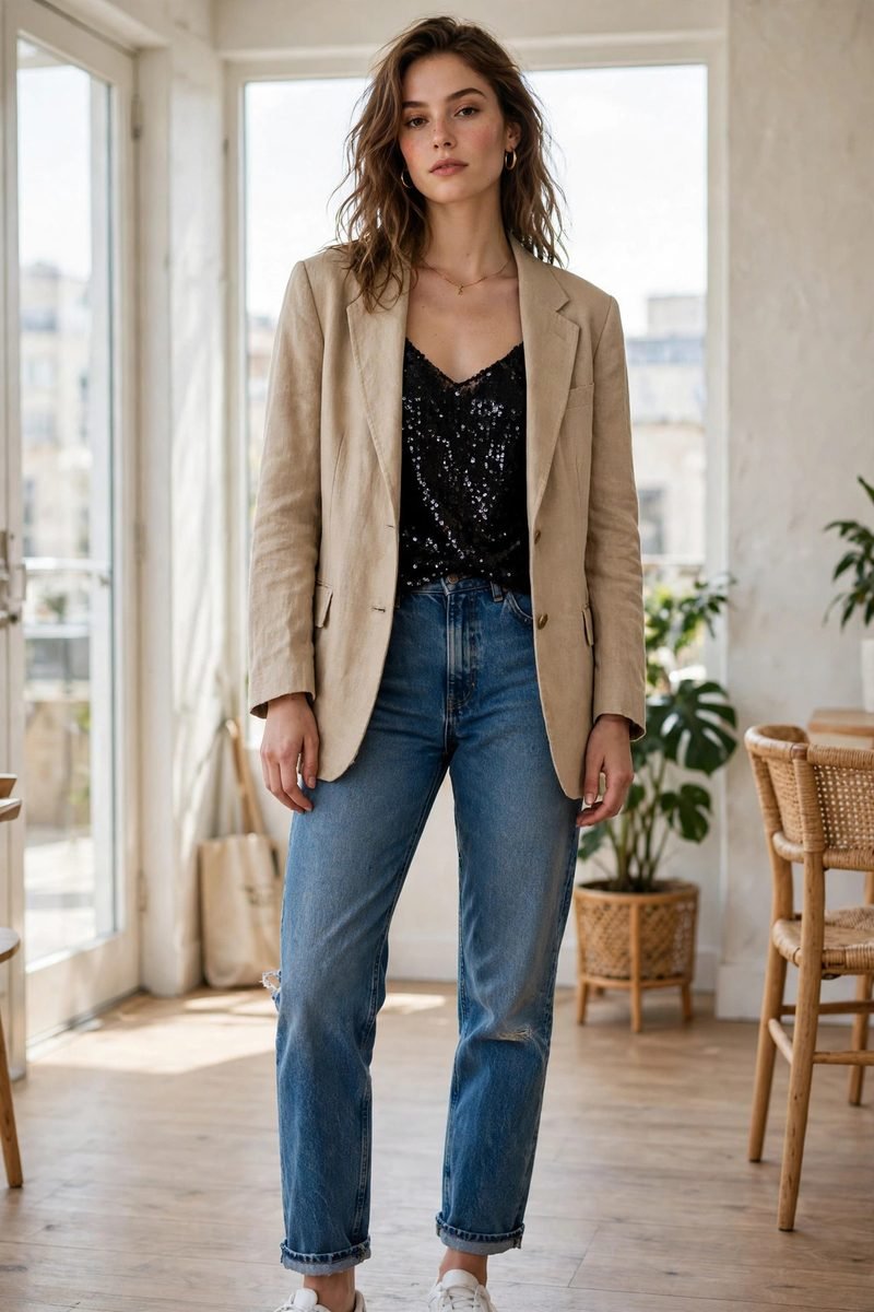 Woman wearing a black sequin cami with a thrifted blazer