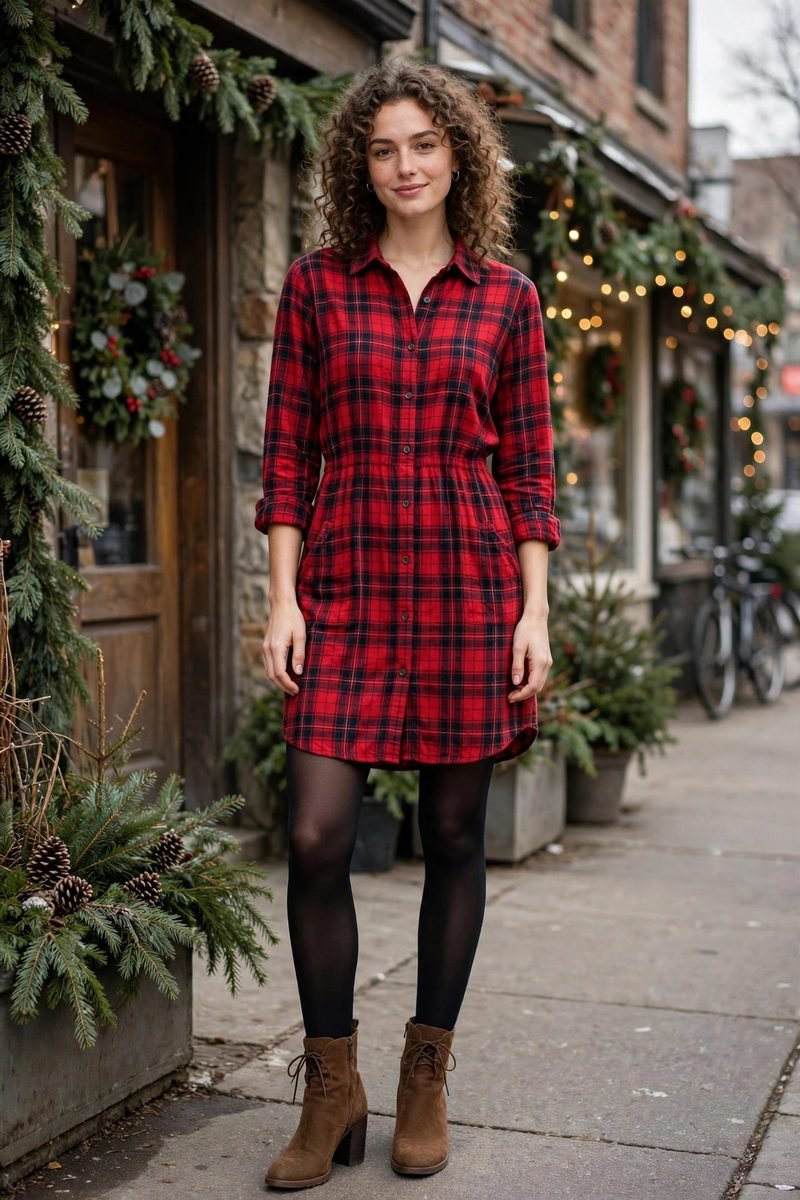 Woman wearing a plaid flannel shirt dress with boots